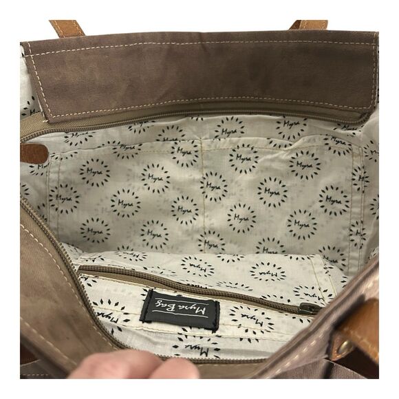 Myra Canvas & Cowhide Leather Tote Southwest Aztec Double Shoulder Strap Western - Picture 16 of 16
